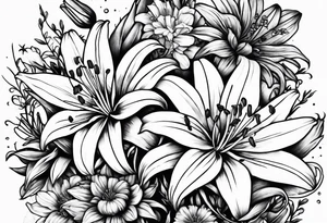 Bouquet of lily, marigold, cosmo, and aster tattoo idea