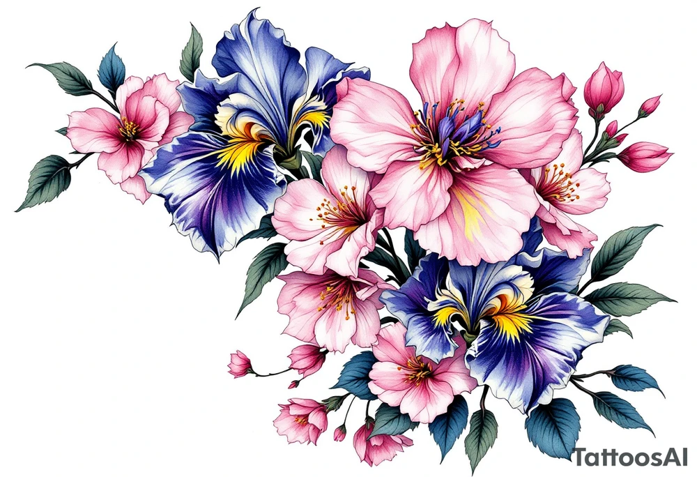 Irises flowers and cherry blossom on a fan forearm tattoo idea