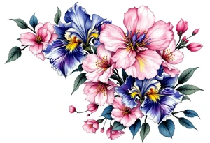 Irises flowers and cherry blossom on a fan forearm tattoo idea