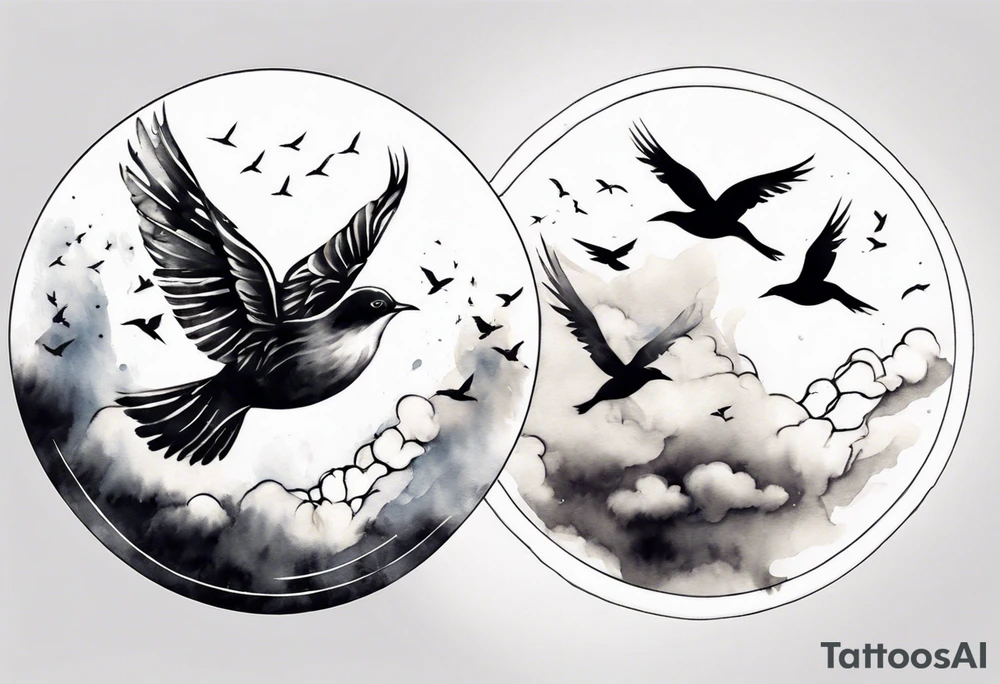 shoulder tattoo with light rays with birds flying free among the clouds, round shape, 3d effect tattoo idea