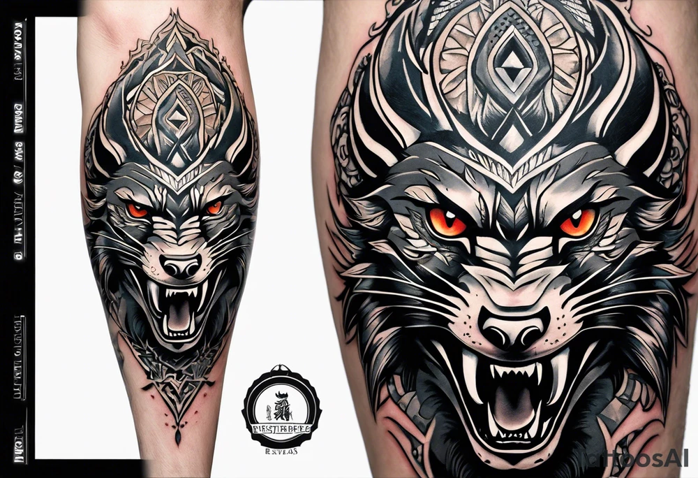 A tattoo designed for the knee, featuring the face of a feral beast with wild, exaggerated features, such as sharp fangs, intense eyes, and a snarling expression. The design incorporates large areas of white space for contrast, with beams of light or energy radiating outward from the beast’s eyes in a chaotic and powerful pattern. The overall look should be bold and primal, with flowing lines that adapt naturally to the curvature of the knee. tattoo idea