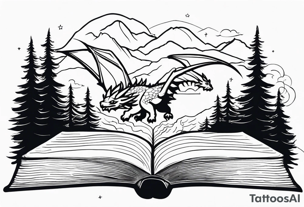 An open magic book. a tiny dragon with four legs flying in the sky. three mountains and a forest coming out of the book tattoo idea