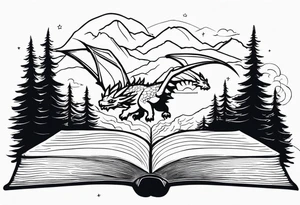 An open magic book. a tiny dragon with four legs flying in the sky. three mountains and a forest coming out of the book tattoo idea