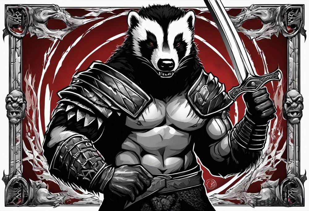 Draw me psychopath Honey Badger/Berserker with aggressive full body, killer face with a scary smile, very long nails and he attacks like a Bloody Assassin/Warrior/Gladiator to us and also, he has very deadly looking. He fights with his nails only. Everybody scares after their first sight. Give me horror type Badger Tattoo. I want to see his Realistic full body with no weapons. You can show destruction at the back. tattoo idea