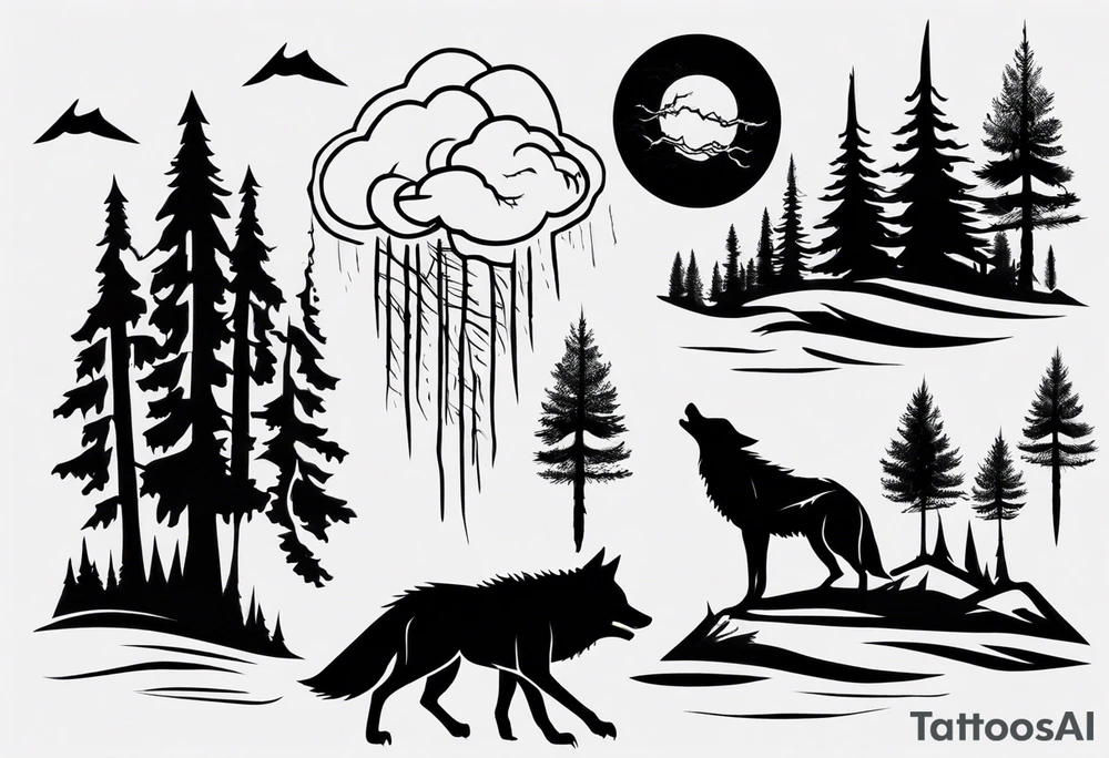 thunderstorm over a forest and a wolf howling tattoo idea thunderstorm over a forest and a wolf howling tattoo idea