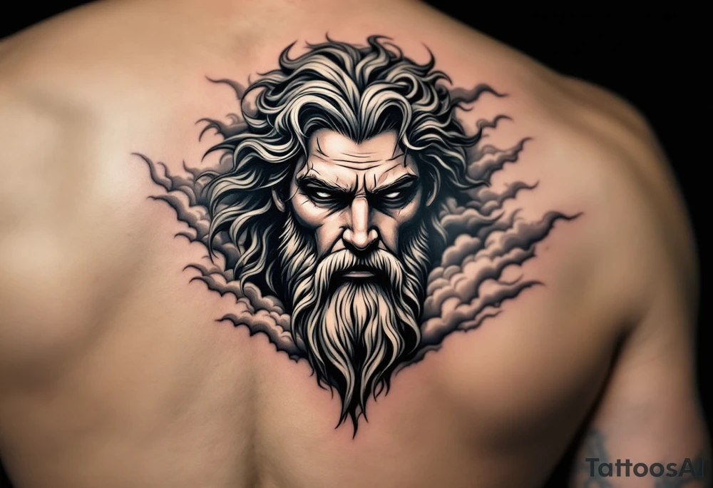 a realistic, black and white, masculine tattoo of Zeus’s face in the clouds facing slightly downwards and to just slightly to one side in the style of realism, hyper realistic, heavy lines  , elegantly shaded tattoo idea