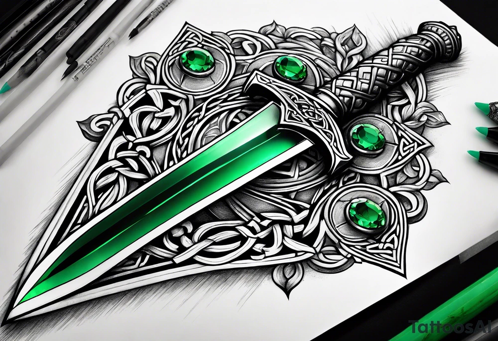 A Celtic dagger with an oak hilt turned upright and emerald gemstones on it tattoo idea