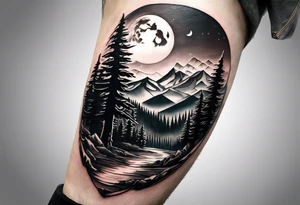 Half sleeve
Peaks of mountains with a moon behind it
Dark woods below the mountains with a narrow trail with two wolves on bottom of the trails tattoo idea