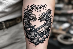 koi fish fighting a dragon in a yin yang format 
with a sakura tree in the background, Japanese inspired piece tattoo idea