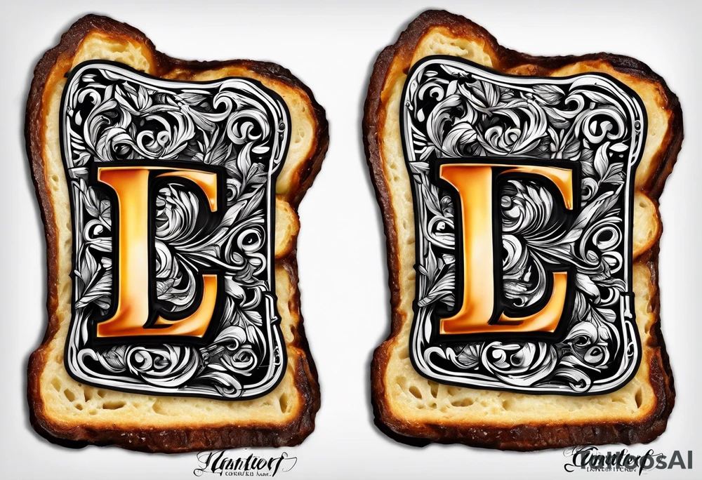 Burnt toast with the letters LGNTW carved into it tattoo idea