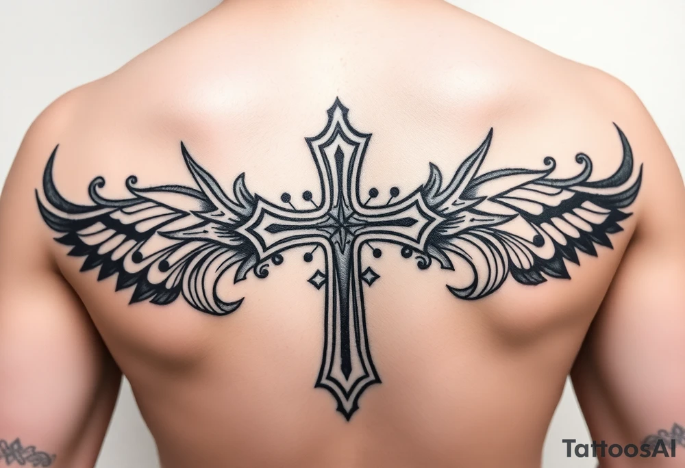 A cross  surrounded by Micronesian tribal for forearm tattoo idea