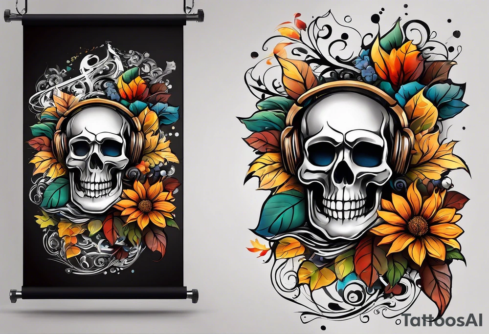 arm sleeve with fall colors, flowers, water flow shapes, leaves and various natural shapes, music notes, skulls tattoo idea