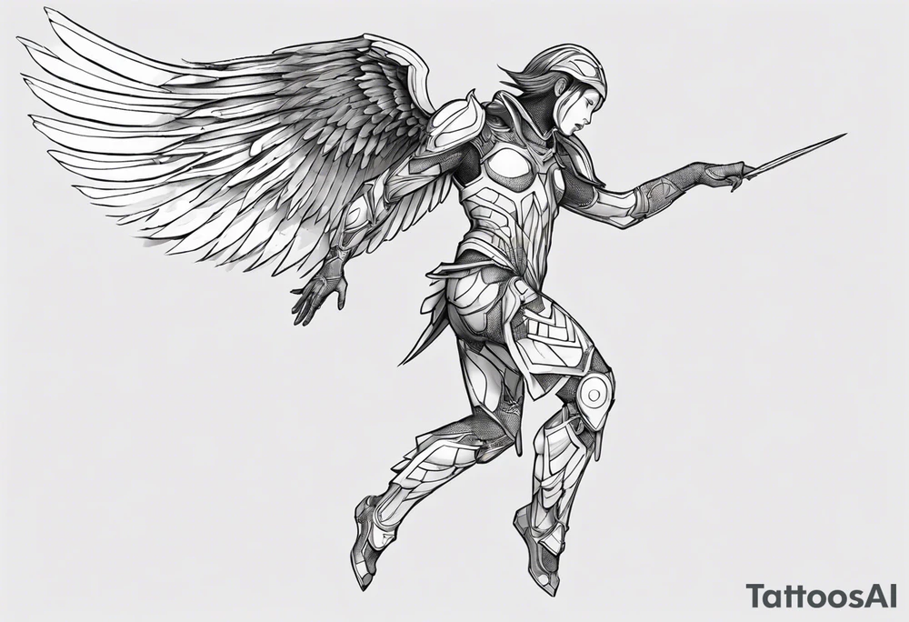 Side view of an black angel wearing inorganic armor that is in mid-air ready to attack tattoo idea