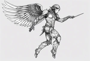 Side view of an black angel wearing inorganic armor that is in mid-air ready to attack tattoo idea