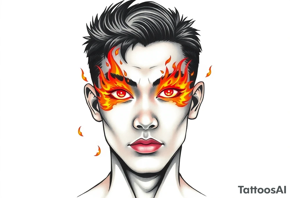 Handsome Asian young guy with burning eyes tattoo idea