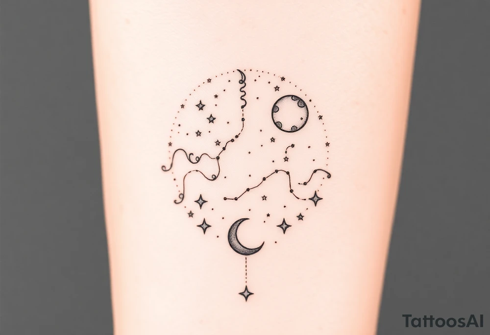 Night sky with constellation, stars  & moon tattoo idea