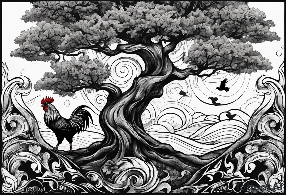 oak tree with rooster and roots and waves and three birds tattoo idea