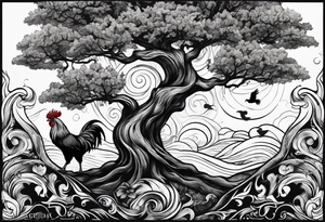 oak tree with rooster and roots and waves and three birds tattoo idea