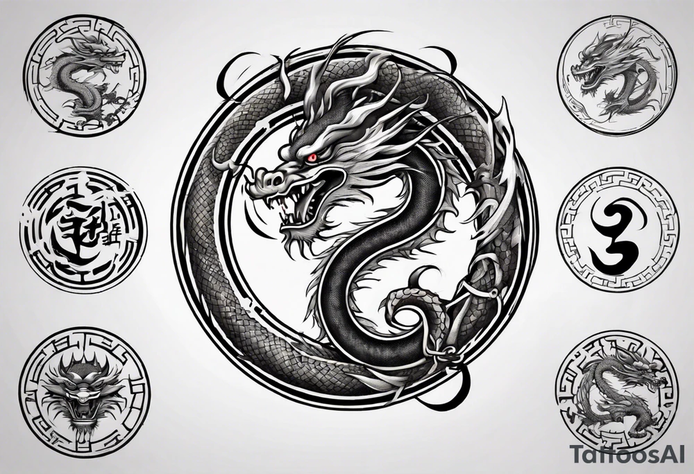 Chinese dragon in a circular shape with "02.03" written on its skin tattoo idea