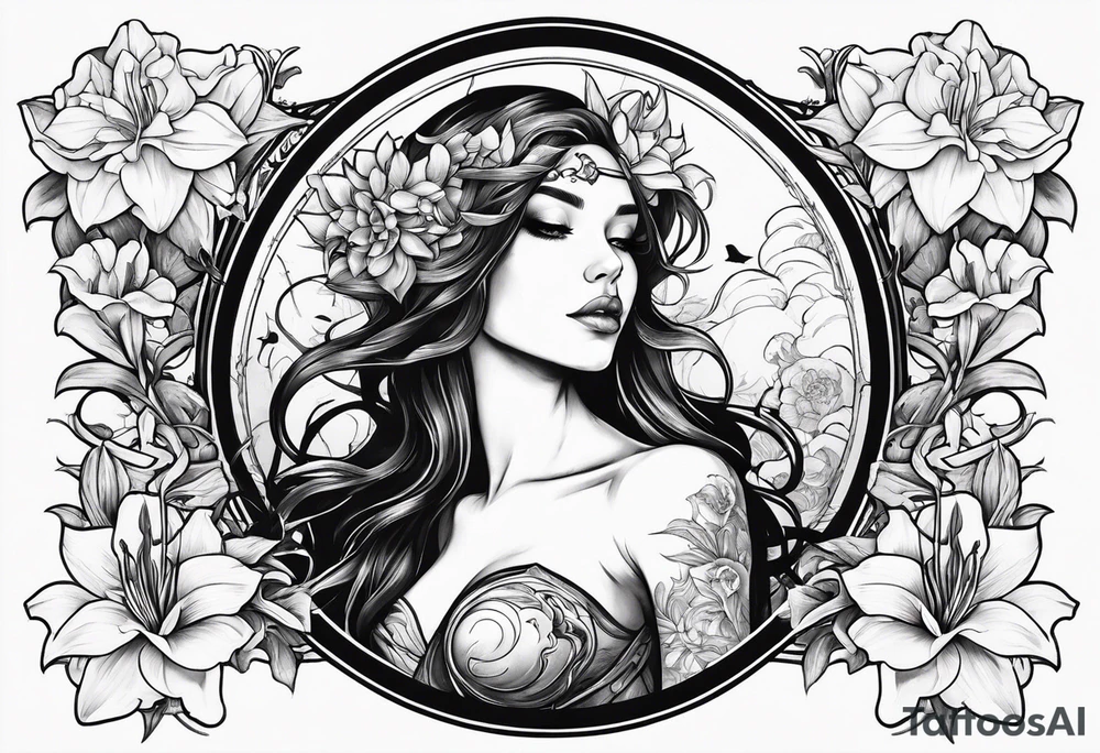 a side view of lilith holding a serpent and surrounded by lilies tattoo idea