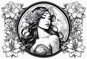a side view of lilith holding a serpent and surrounded by lilies tattoo idea