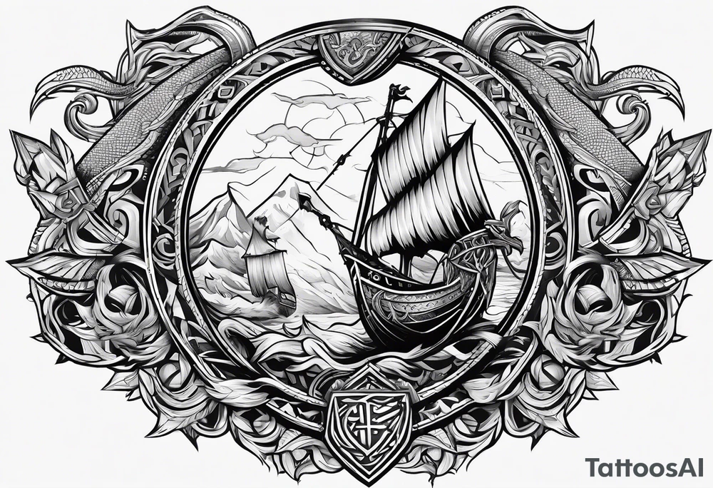 Valhalla sword shield long ship dragon head axe Valknut tattoo idea
