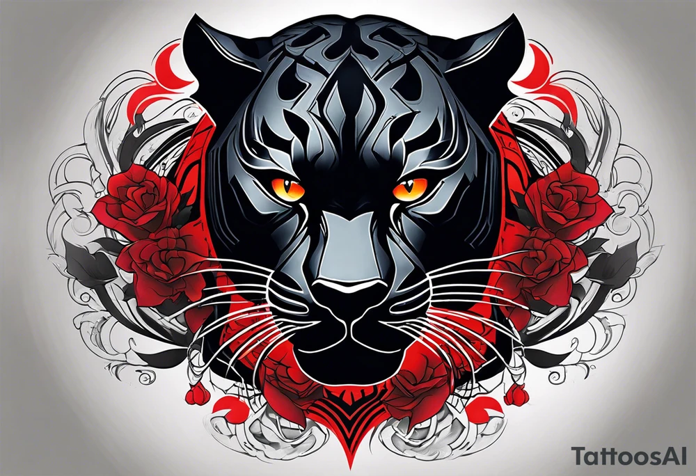 unique black panther tattoo, dynamic pose, showcasing its strength and grace, striking red eyes, intense and captivating elements, artistic flair, blending realism with abstract elements tattoo idea