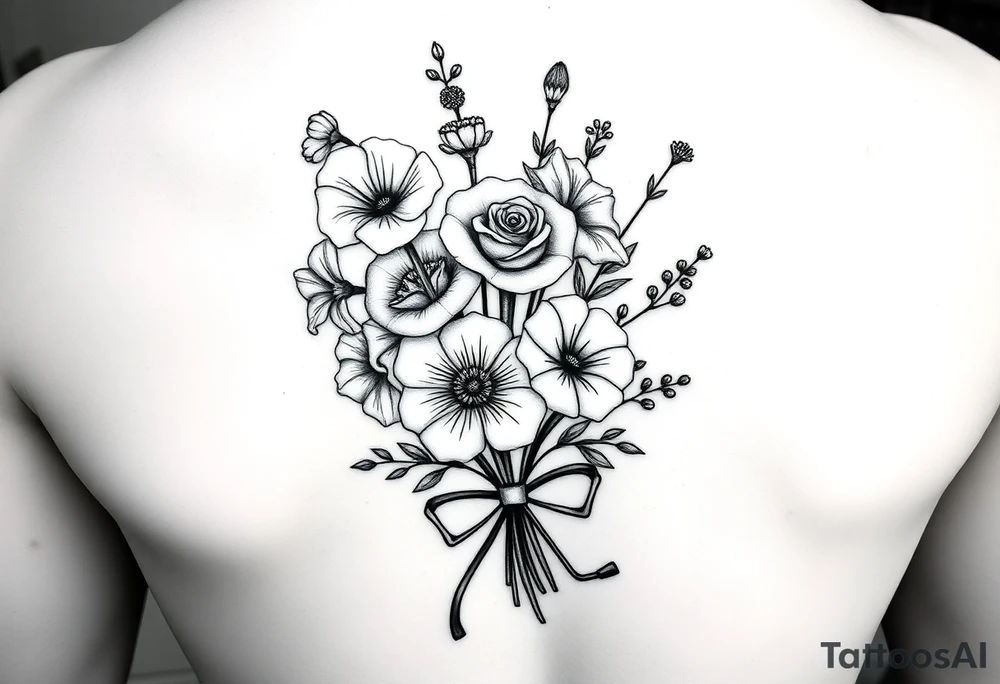 6 inches tall by 4 inches wide approximately, black and white tattoo with a bouquet of hollyhocks, one wild rose, and two wild flowers, put a stethoscope along the side without putting it into the bouquet and the name June Etta , make the tattoo taller than it is wide, make the bouquet have a bow towards the bottom holding the flowers like they had just been picked from the garden still with the stethoscope along the side tattoo idea