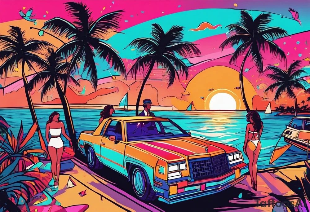 1980's miami vice style beach dance 
party, include confetti, music notes, boom box, bikinis sunset in the center tattoo idea