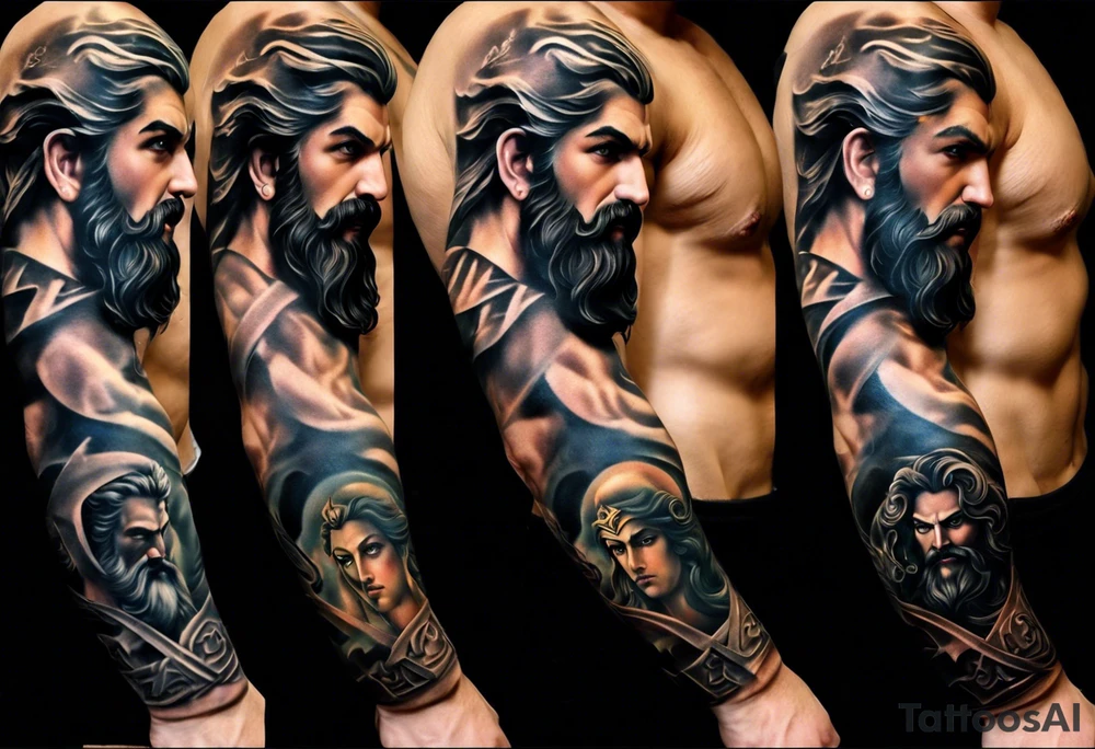Full left arm tattoo sleeve with the Greek gods, Zeus, Poseidon and Hades. Zeus' face with a lightning bolt coming out of one eye is at the left shoulder, Poseidon's  face with a trident as one of his eyes is at the left upper arm and Hades' face with 
a bident as one of his eyes is at the left forearm. tattoo idea