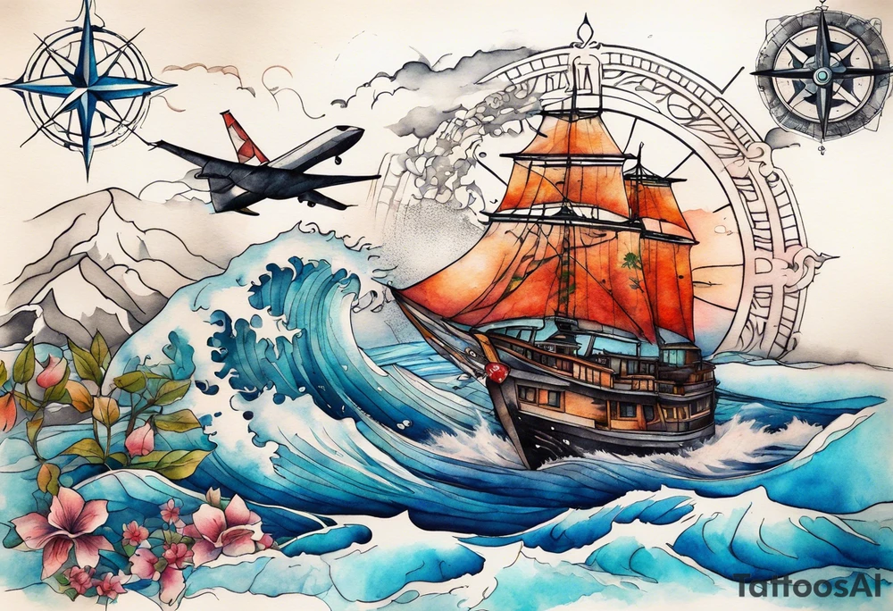 Travel themed for thigh, compass rose overlaid with a landmarks in and around it, spilled watercolor and tiny jet plane silhouette and a tiny speed boat in the water tattoo idea