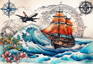 Travel themed for thigh, compass rose overlaid with a landmarks in and around it, spilled watercolor and tiny jet plane silhouette and a tiny speed boat in the water tattoo idea