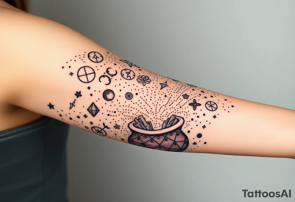 Milky way filled with zodiac symbols runes tarot cards coming out of a cauldron tattoo idea