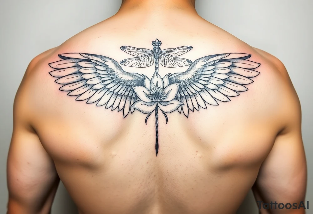 One Angel wing shoulder design with a floral waterlily and dragonfly design above it tattoo idea