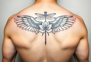 One Angel wing shoulder design with a floral waterlily and dragonfly design above it tattoo idea