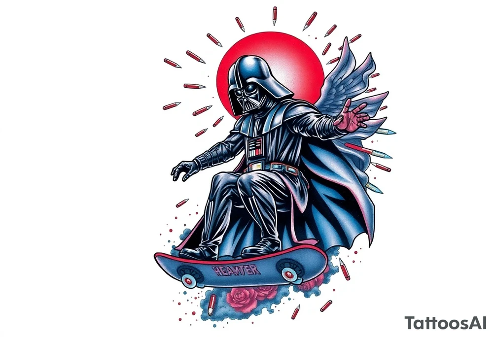 MEMORY TATTOO
blue and red Darth Vader skateboarding outdoors, bullets, heaven, star wars
"Darth Carter"
12/29/88-01/06/24 tattoo idea
