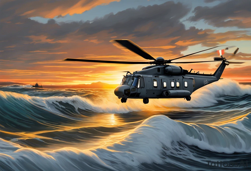 Canadian military grey CH-148 Cyclone helicopter soaring low over rough, ocean waves. The sun is setting, casting a dramatic glow on the scene with realistic clouds and a specular reflection of the helicopter on the water. The helicopter should be the main focus, with intricate details and a sense of motion. In the background, a poppy be prominently displayed tattoo idea