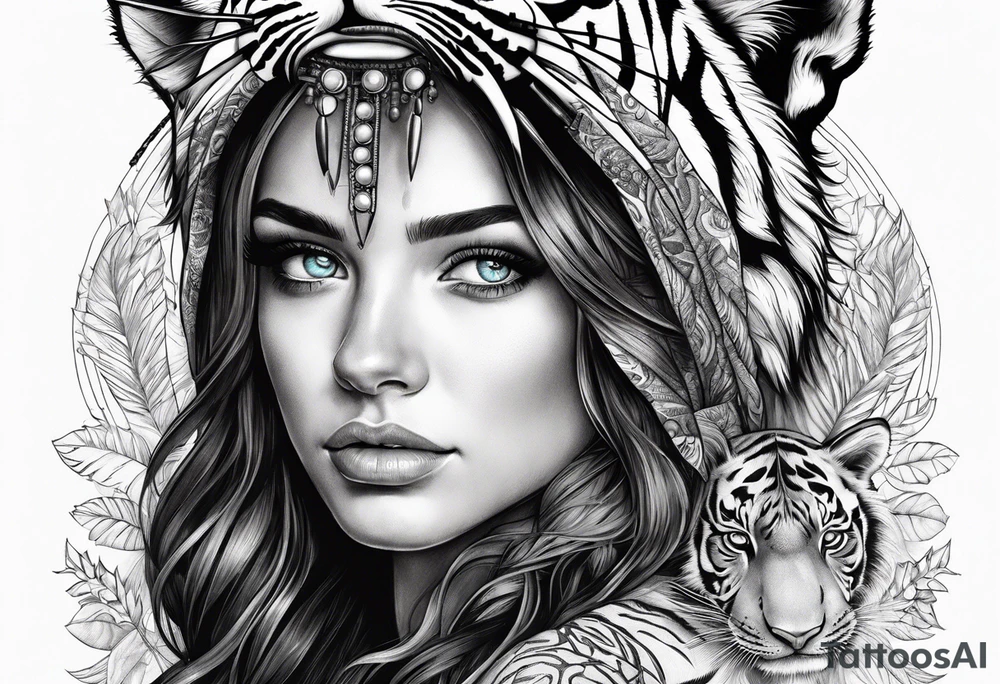 attractive brunette girl with blue eyes with tiger headdress tattoo idea