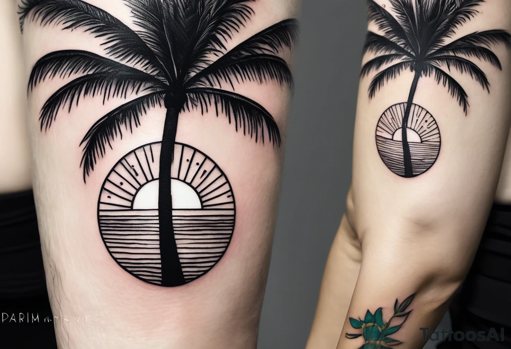 a minimalist tattoo of a sun and a palm tree with the words good vibes below it, make it only very small and keep the sun and palm tree minimal as well and make it look like silhouettes use only lines tattoo idea
