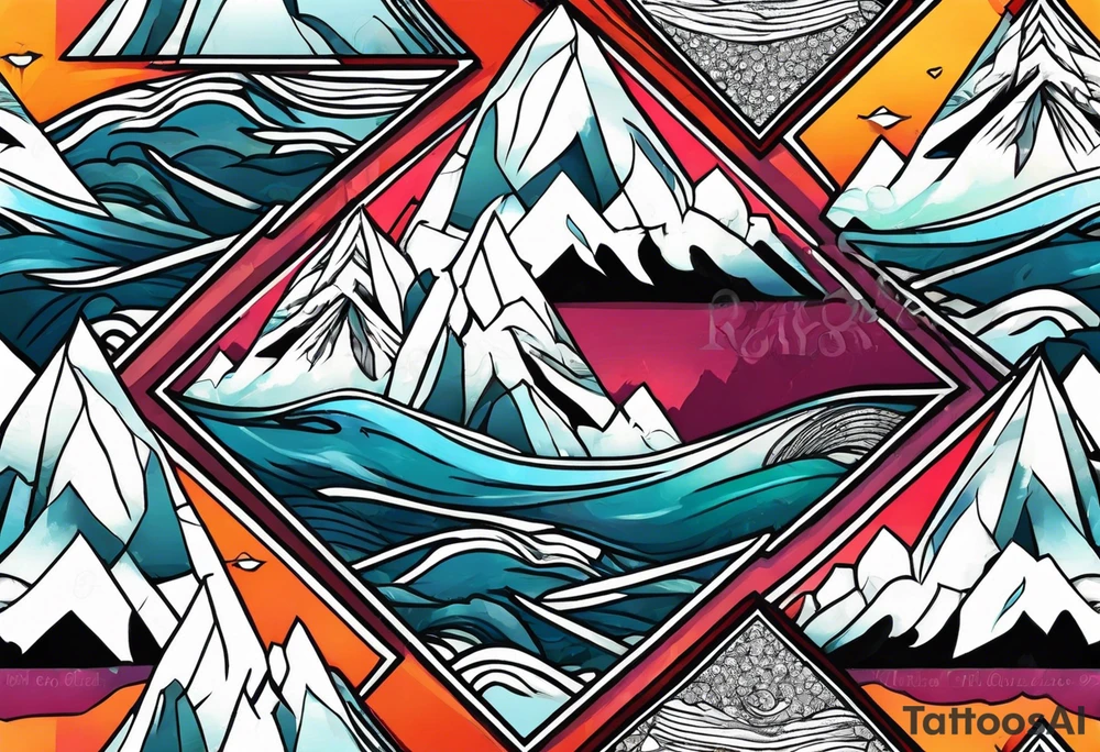 Mountains and big ocean waves  crashing diamond shape tattoo idea