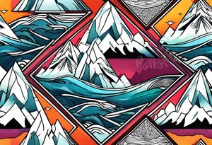 Mountains and big ocean waves  crashing diamond shape tattoo idea