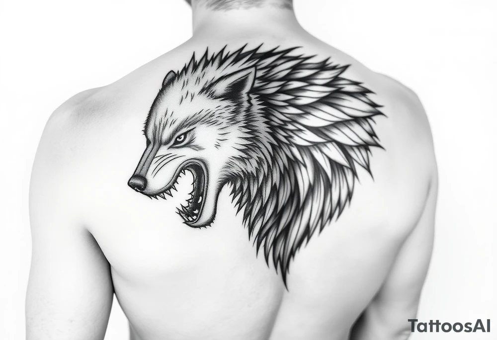 Please generate a tattoo style as close to reality as possible.

A wolf covering the entire left side of my back, biting my shoulder.
Please have as much detail and relief as possible. tattoo idea