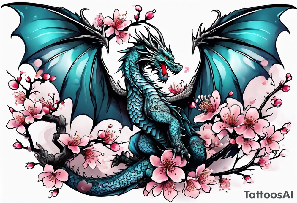 A dragon with wings covered in cherry blossoms tattoo idea