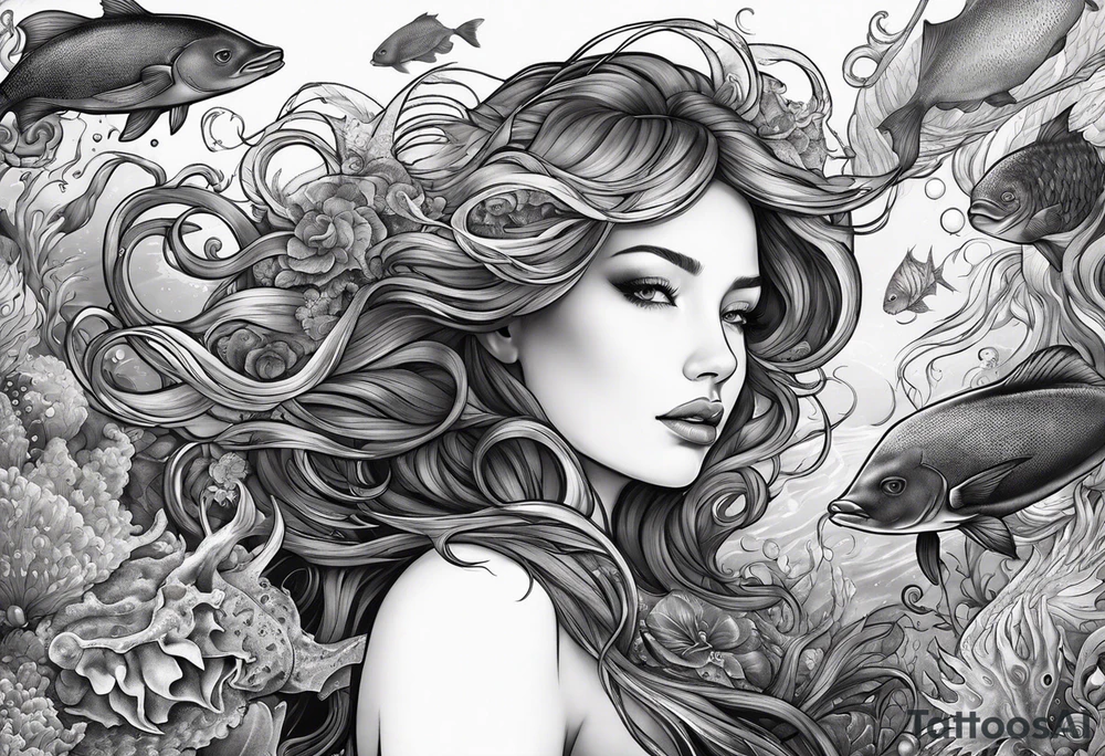Ethereal woman of the sea surrounded by deep sea creatures. tattoo idea