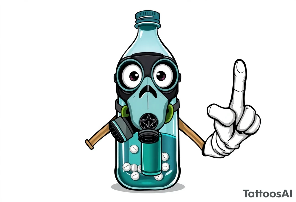 A caricature 2 liter bottle with bulging cartoon eyes and a gas mask on where it’s mouth and nose are supposed to be. Inside the bottle is a lithium battery,and pseudoephedrine tablets, along with a liquid. It has cartoon stick arms with big white gloves one had is holding up his middle finger. It should be dark and grimy looking as if a person had been up for some days and the middle finger on the right hand should be up tattoo idea