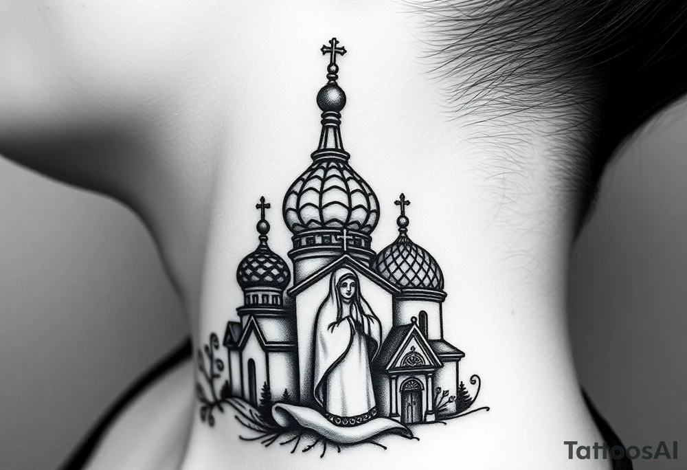 Flowing Scene

A onion domes orthodox church
Virgin Mary in prayer pose wrapping around the lower neck curve
A small double headed russian coat of arms eagle or just the star tucked above the dome near the hairline tattoo idea