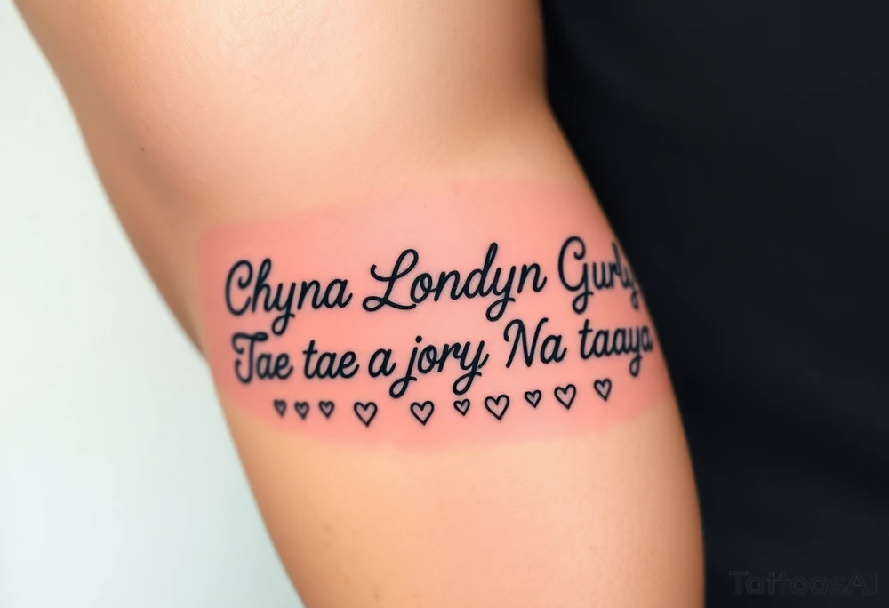 Cursive words that say, 

M.S.K

Chyna

Londyn

Gurly 

Tae tae 

Na jorya 

Na taya
 surrounded by little hearts & stars tattoo idea
