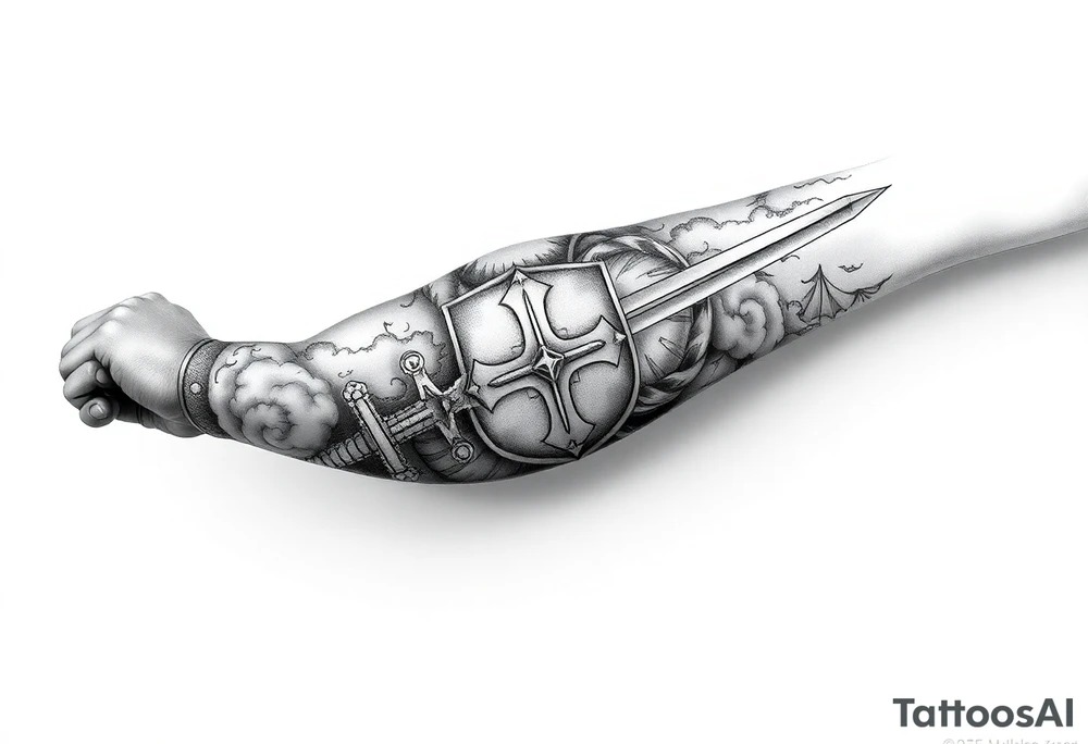 Half sleeve. King Alfred the great, sword, clouds, shield, cross tattoo idea