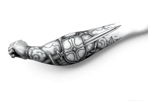 Half sleeve. King Alfred the great, sword, clouds, shield, cross tattoo idea