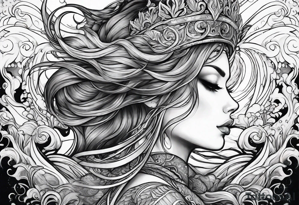 goddess, stormy sea, full length tattoo idea